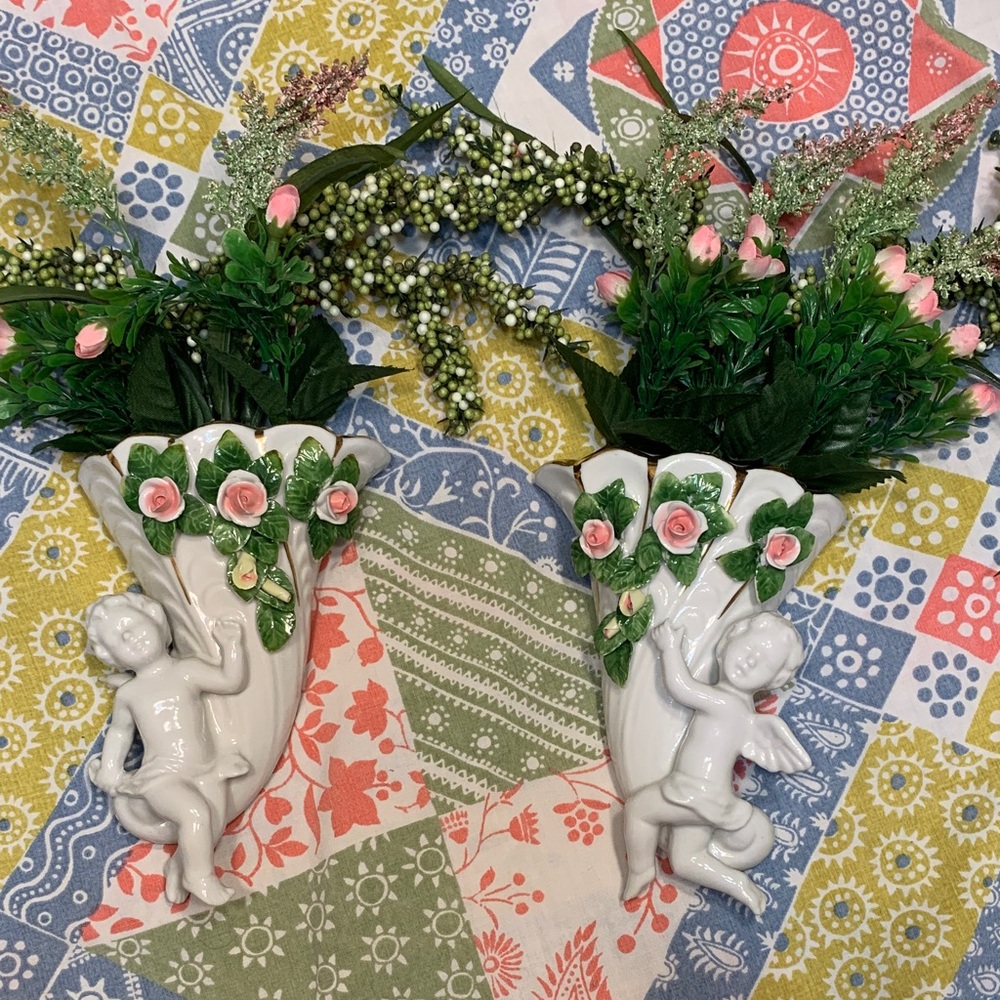 Vintage Dresden Porcelain Floral Cherub Wall Sconce Set - White and Pink